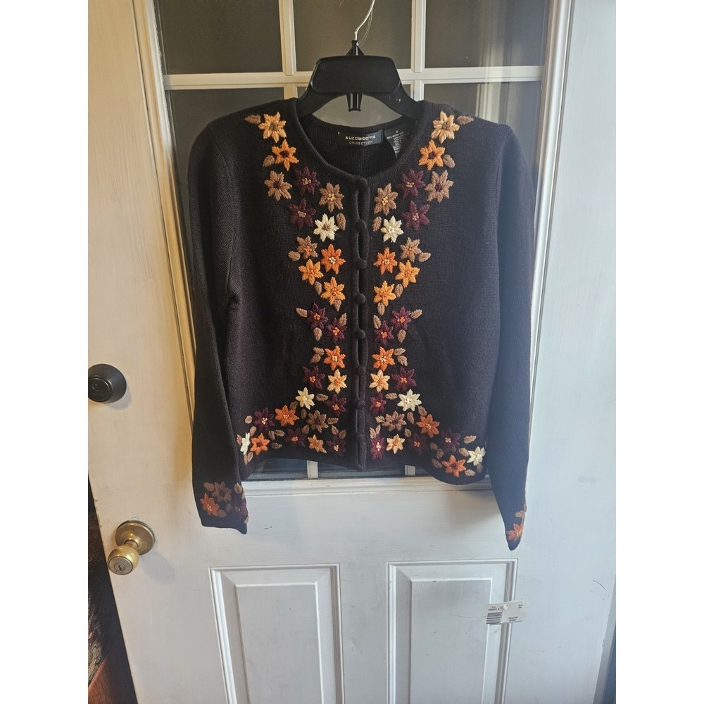 Liz Claiborne Collection NWT Merino Wool Autumn Floral Cardigan Brown Small